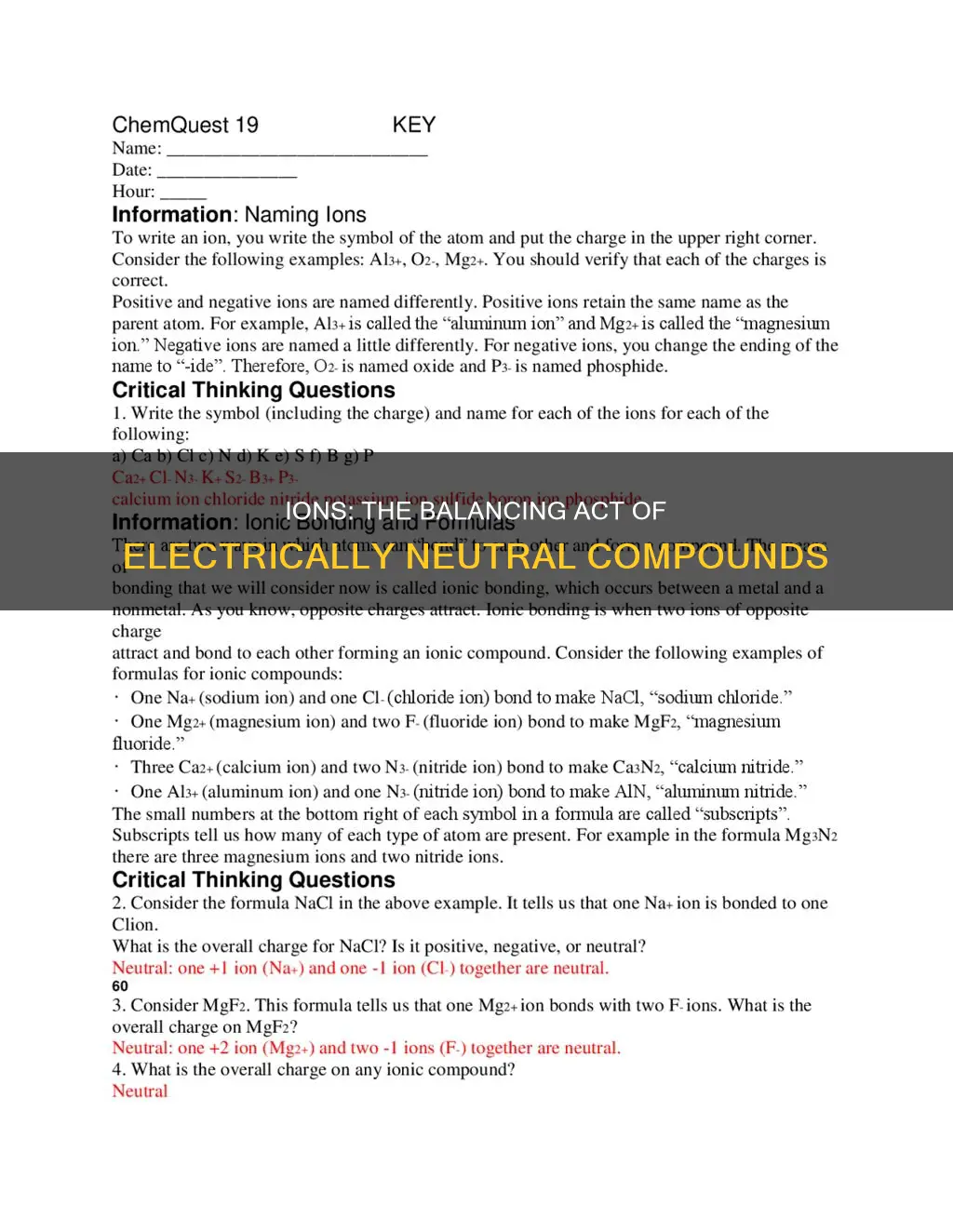 how does ions form electrically neutral compounds