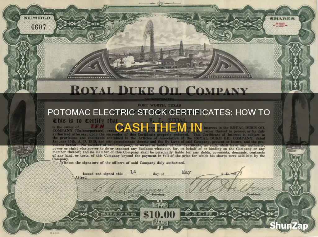 how to cash potomac electric stock certificates
