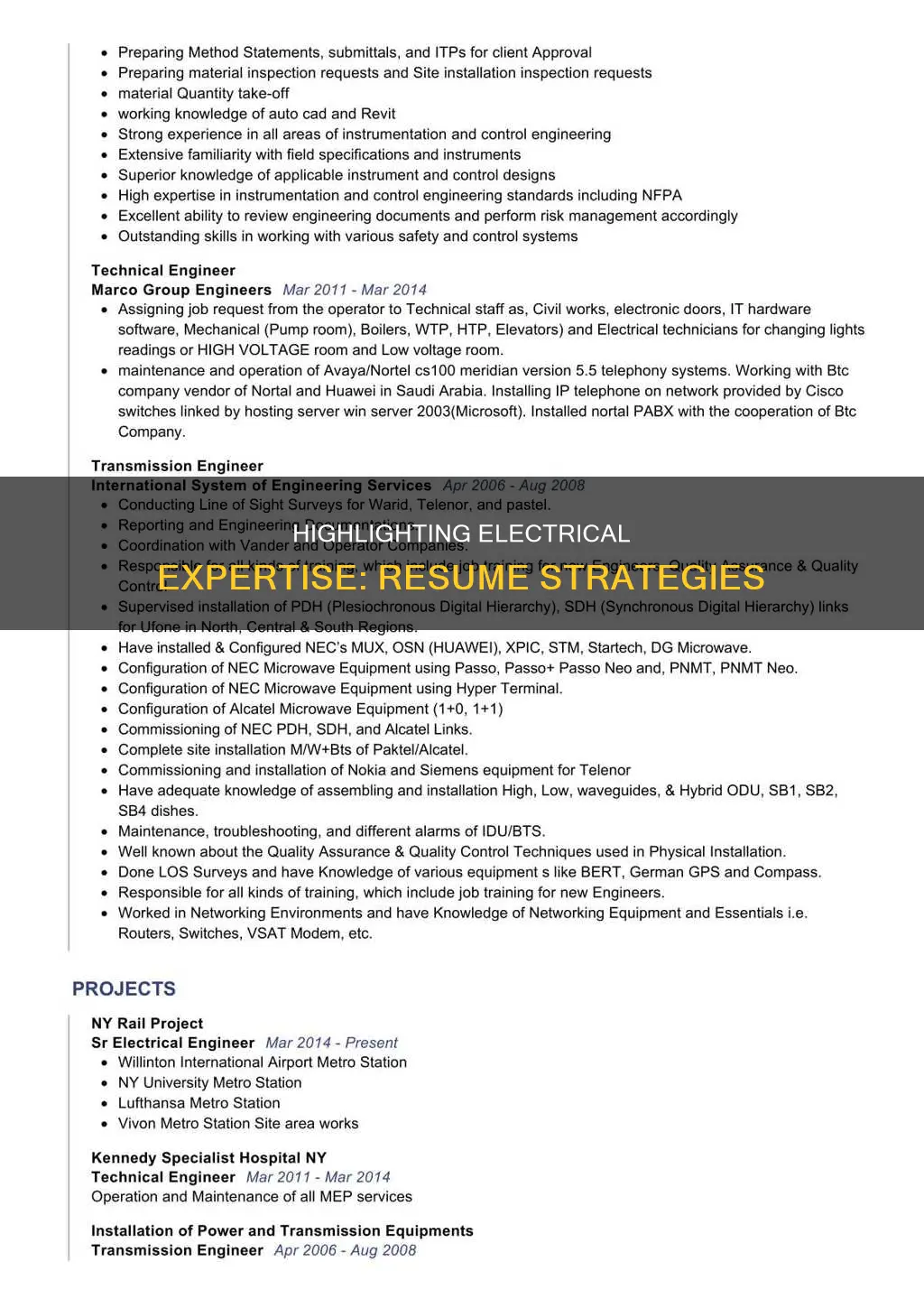 how to show expericene electrical in resume