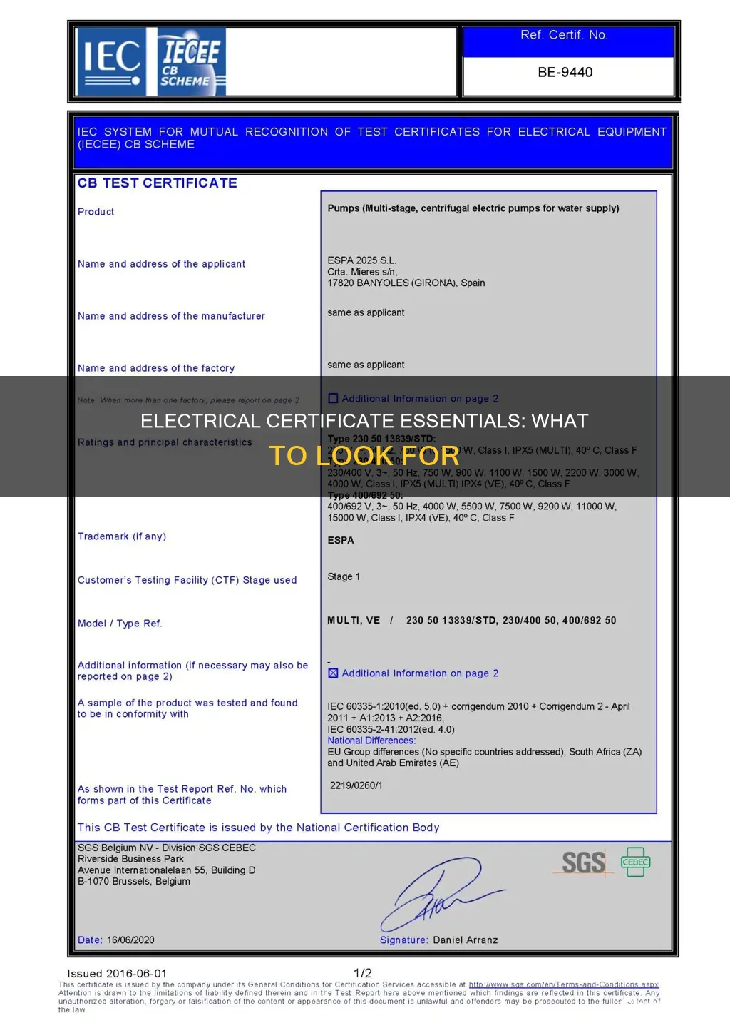 what does a electrical certificate look like